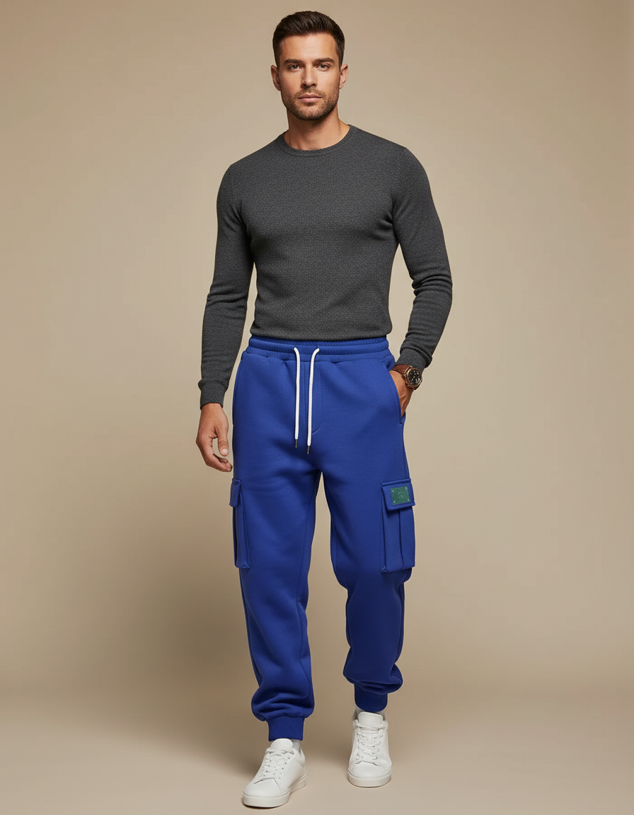 Pantalon Cargo Bleu Royal Molletonné Ample Multi-Poches Homme