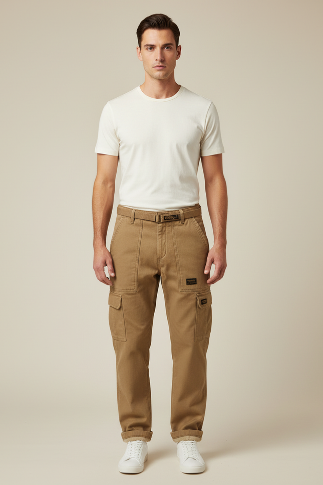 Pantalon Cargo Kaki Coton Droit Décontracté Multipoches - Toile