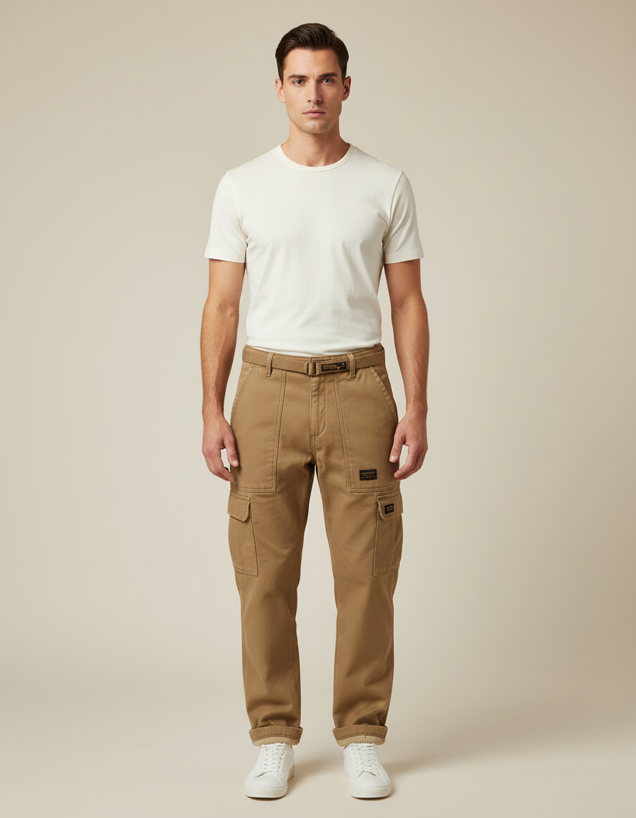 Pantalon Cargo Kaki Coton Droit Décontracté Multipoches - Toile