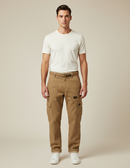 Pantalon Cargo Kaki Coton Droit Décontracté Multipoches - Toile