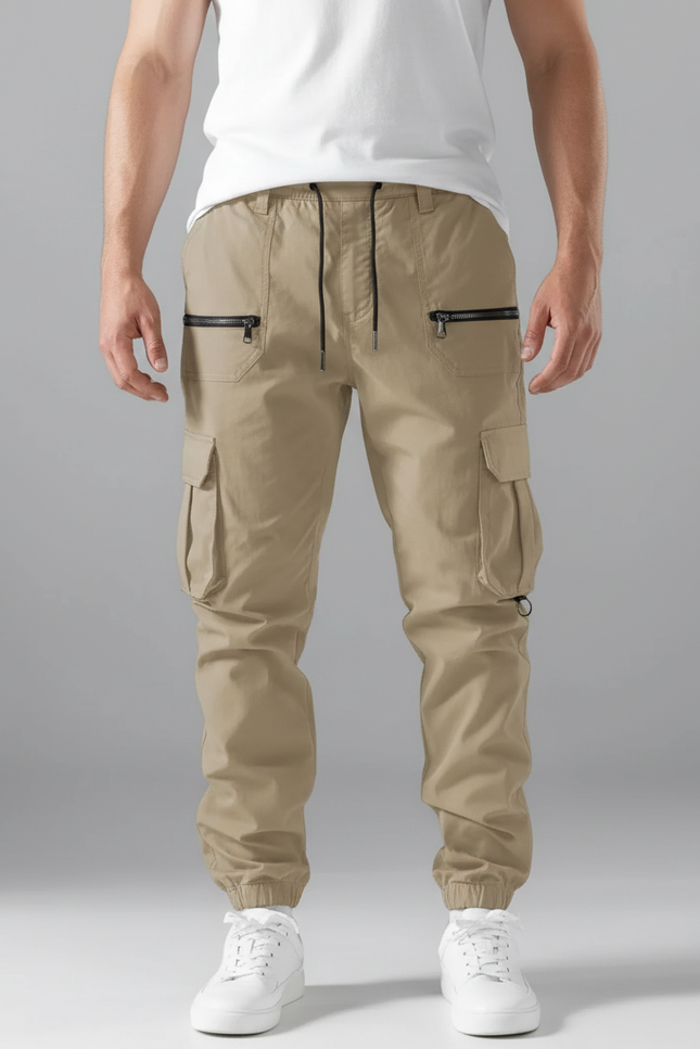 Pantalon Cargo Homme Kaki Zippé Cordon Jogger - Toile