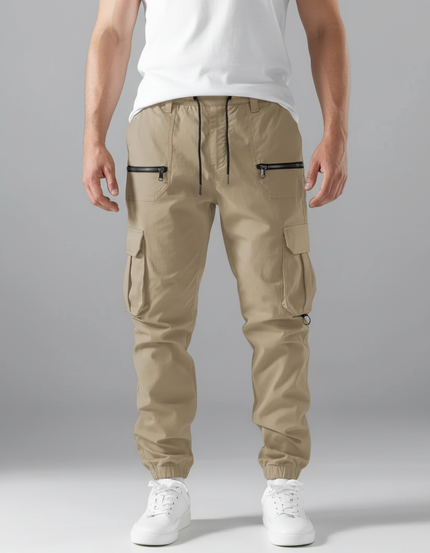 Pantalon Cargo Homme Kaki Zippé Cordon Jogger - Toile
