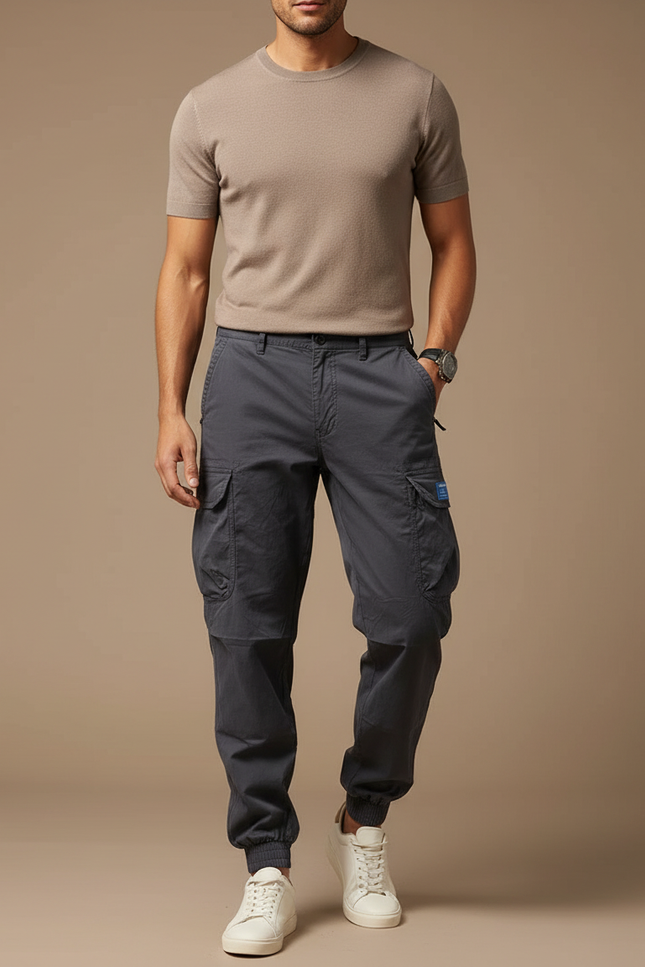 Pantalon Cargo Gris Chiné Coton Multipoches Décontracté Homme