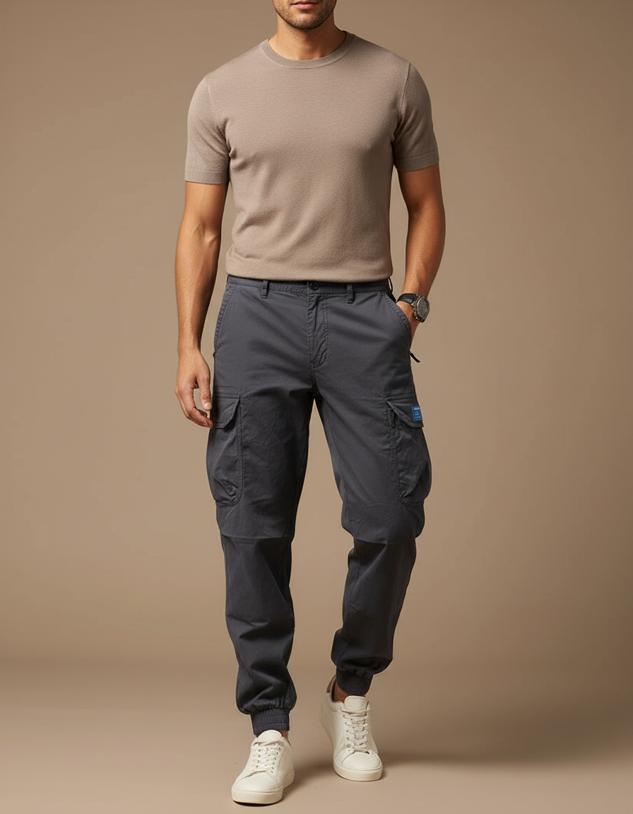 Pantalon Cargo Gris Chiné Coton Multipoches Décontracté Homme