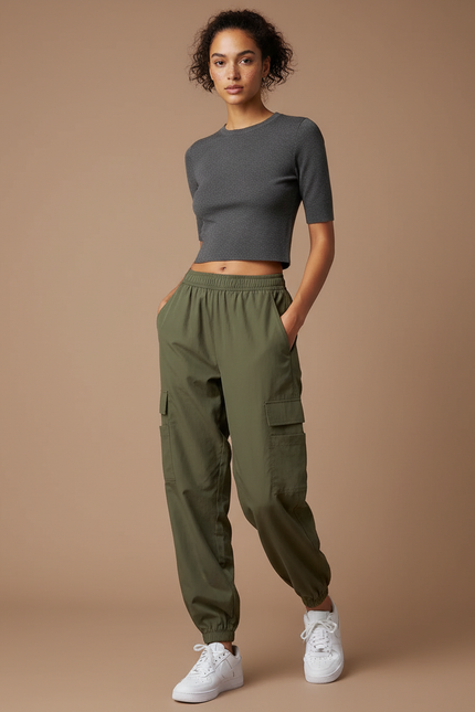 Pantalon Cargo Vert Kaki Ample Décontracté Léger - Polyester