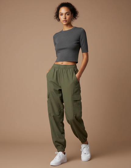 Pantalon Cargo Vert Kaki Ample Décontracté Léger - Polyester