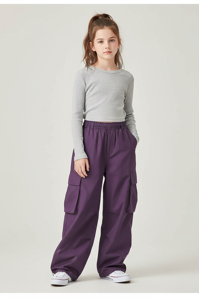 Pantalon Cargo Violet Ample Décontracté Streetwear Fille - Toile