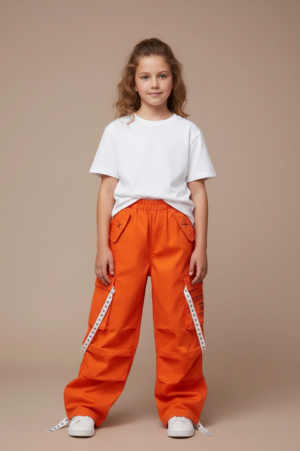 Pantalon Cargo Orange Ample Enfant Poches Streetwear - Toile