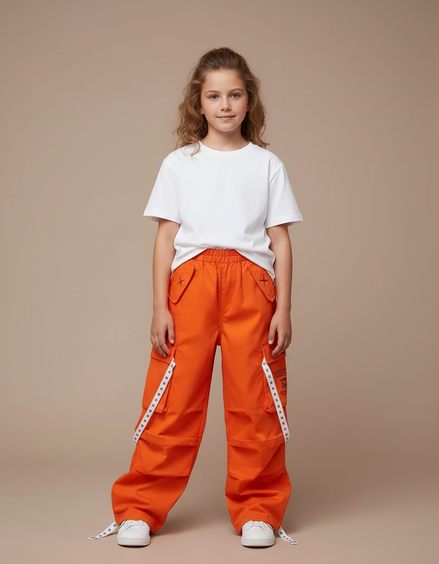 Pantalon Cargo Orange Ample Enfant Poches Streetwear - Toile
