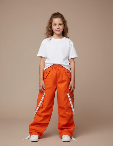 Pantalon Cargo Orange Ample Enfant Poches Streetwear - Toile
