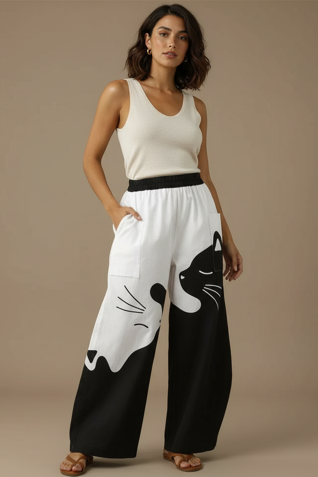 Pantalon Cargo Large Ample Décontracté Imprimé Chat - Lin
