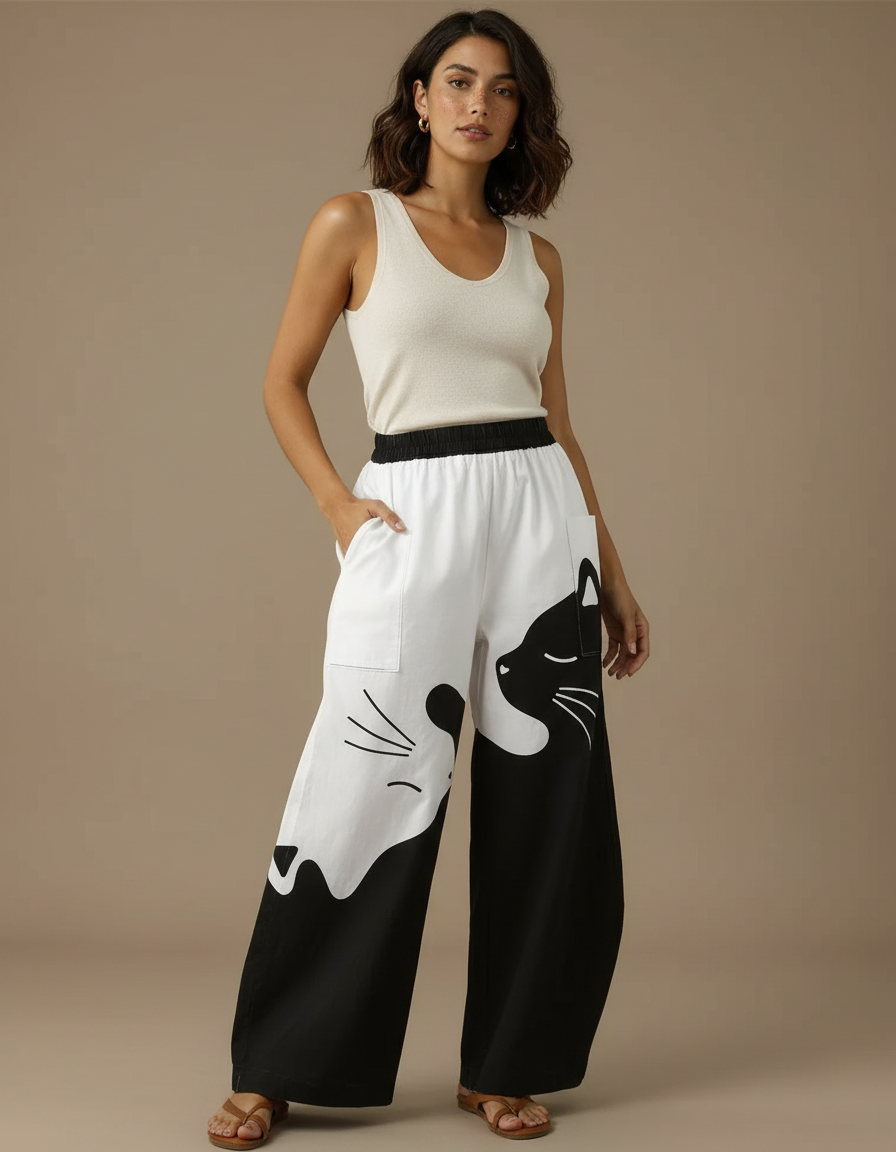Pantalon Cargo Large Ample Décontracté Imprimé Chat - Lin