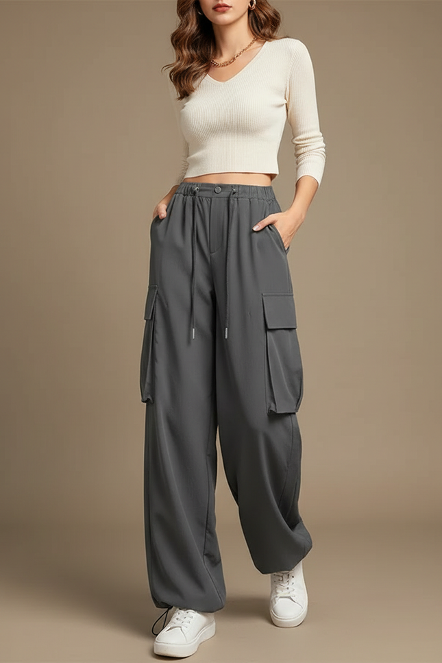 Pantalon Cargo Gris Ample Décontracté Fluide Femme - Polyester