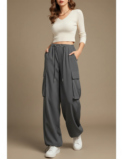 Pantalon Cargo Gris Ample Décontracté Fluide Femme - Polyester