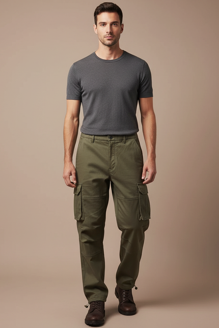 Pantalon Cargo Vert Kaki Ample Multipoches Homme - Toile