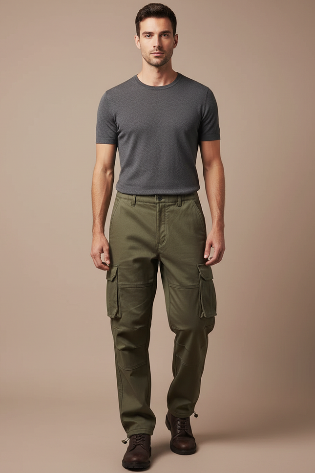 Pantalon Cargo Vert Kaki Ample Multipoches Homme - Toile