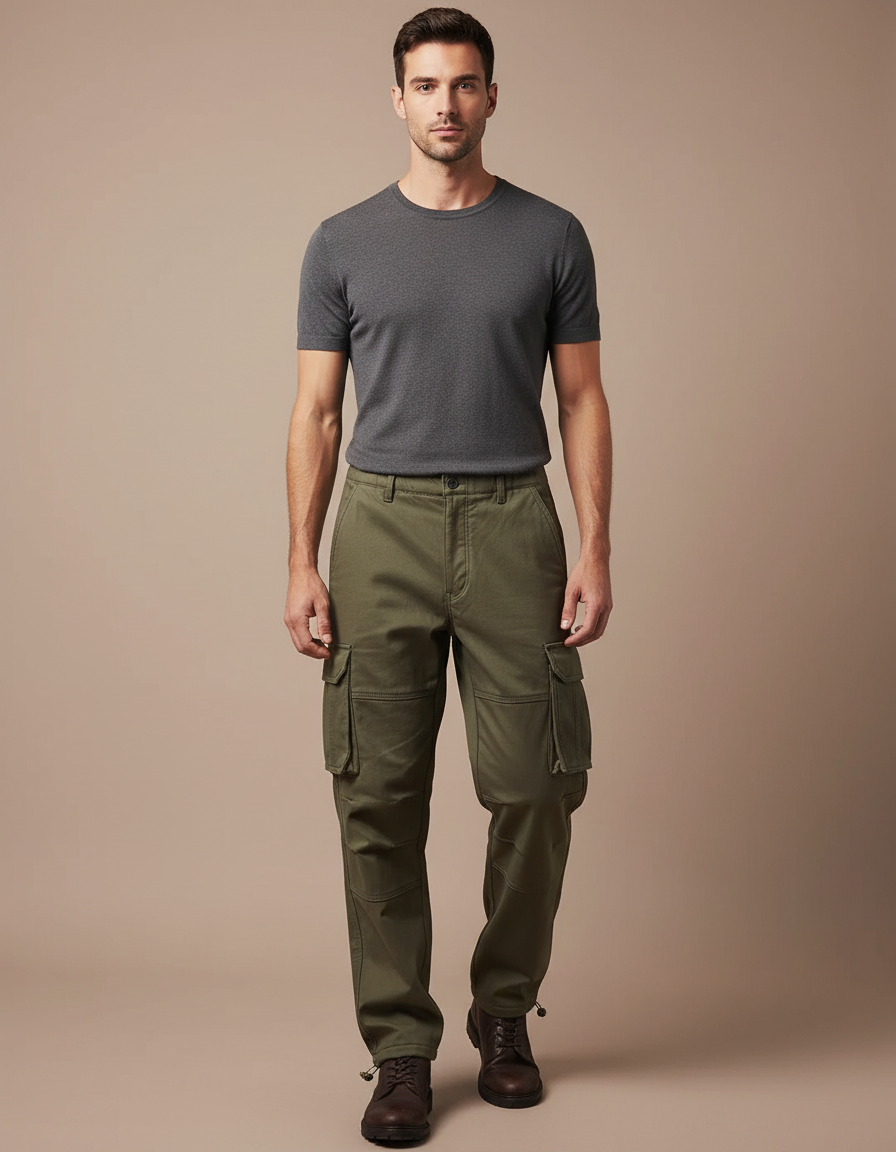 Pantalon Cargo Vert Kaki Ample Multipoches Homme - Toile