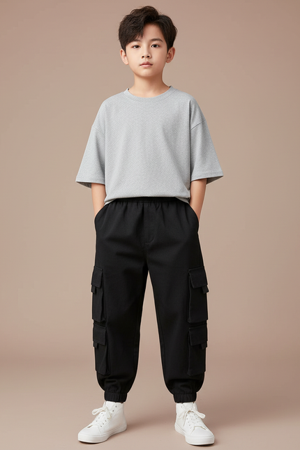 Pantalon Cargo Noir Ample Multipoches Enfant Décontracté - Toile