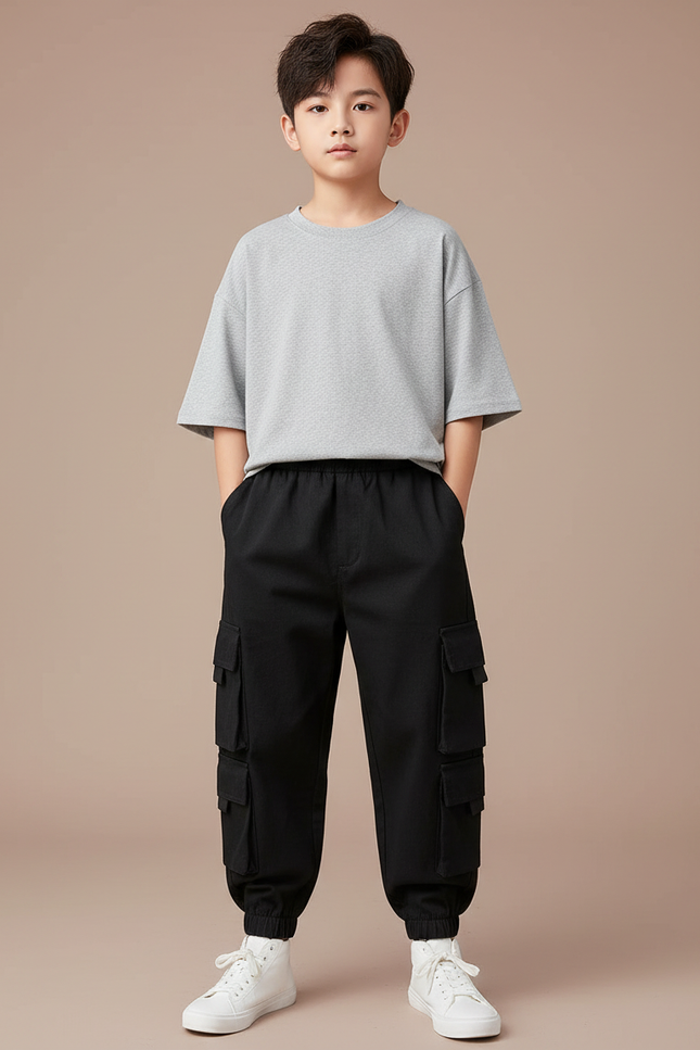 Pantalon Cargo Noir Ample Multipoches Enfant Décontracté - Toile