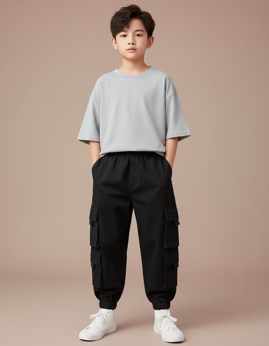 Pantalon Cargo Noir Ample Multipoches Enfant Décontracté - Toile