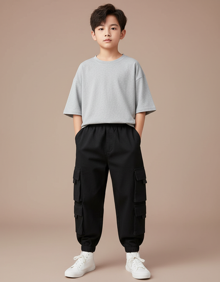 Pantalon Cargo Noir Ample Multipoches Enfant Décontracté - Toile