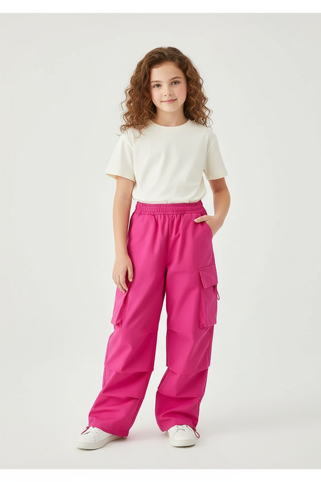 Pantalon Cargo Rose Ample Fille Enfant - Gabardine