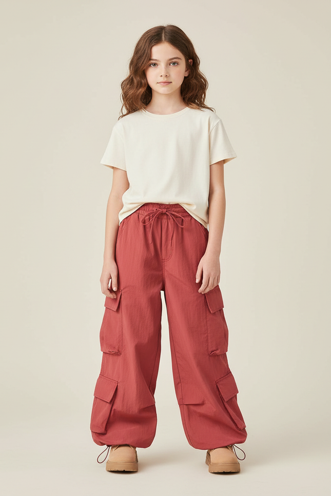 Pantalon Cargo Rouge Ample Multipoches Enfant Décontracté - Polyester