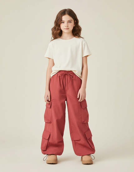 Pantalon Cargo Rouge Ample Multipoches Enfant Décontracté - Polyester