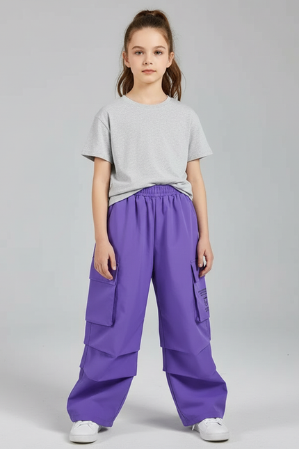 Pantalon Cargo Violet Ample Poches Fille Streetwear - Polyester