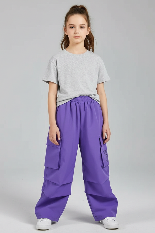 Pantalon Cargo Violet Ample Poches Fille Streetwear - Polyester