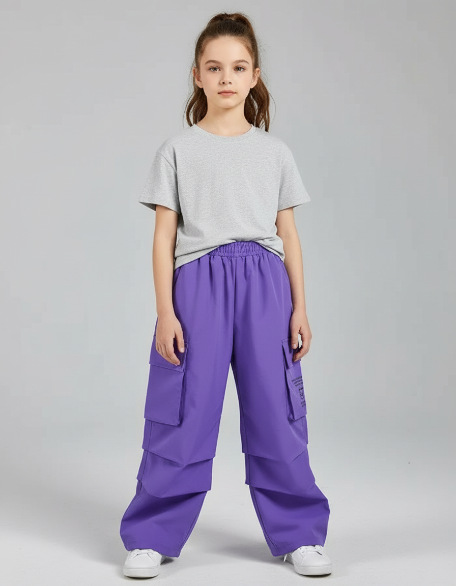 Pantalon Cargo Violet Ample Poches Fille Streetwear - Polyester