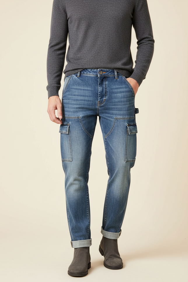 Pantalon Cargo Bleu Jean Coupe Droite Homme