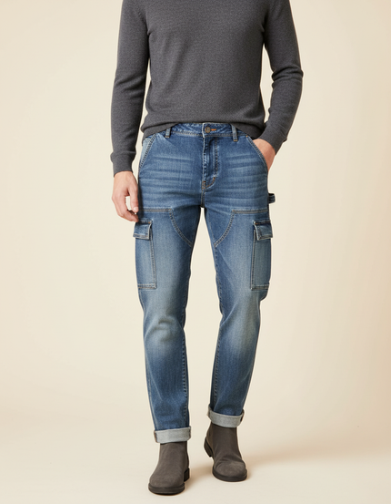 Pantalon Cargo Bleu Jean Coupe Droite Homme