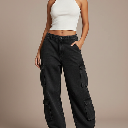 Pantalon Cargo Noir Ample Denim Taille Basse Femme - Jean