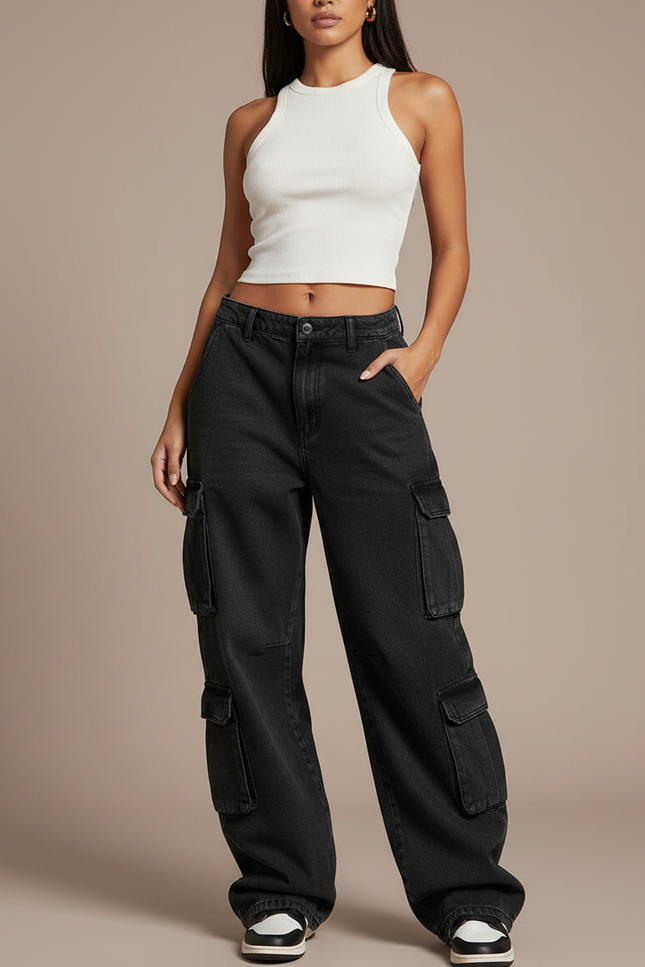 Pantalon Cargo Noir Ample Denim Taille Basse Femme - Jean