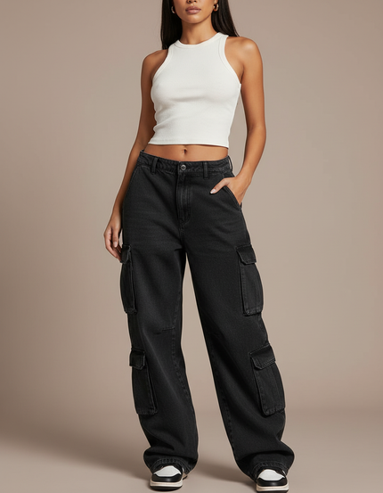 Pantalon Cargo Noir Ample Denim Taille Basse Femme - Jean