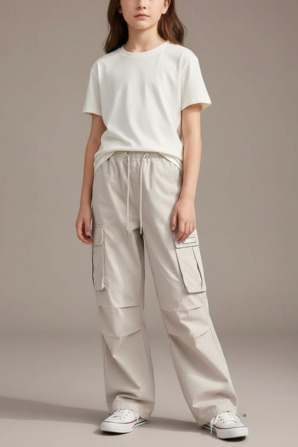 Pantalon Cargo Beige Ample Décontracté Multipoches Enfant - Gabardine