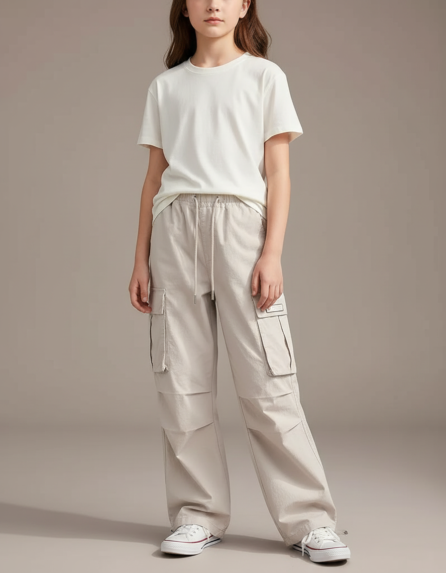 Pantalon Cargo Beige Ample Décontracté Multipoches Enfant - Gabardine