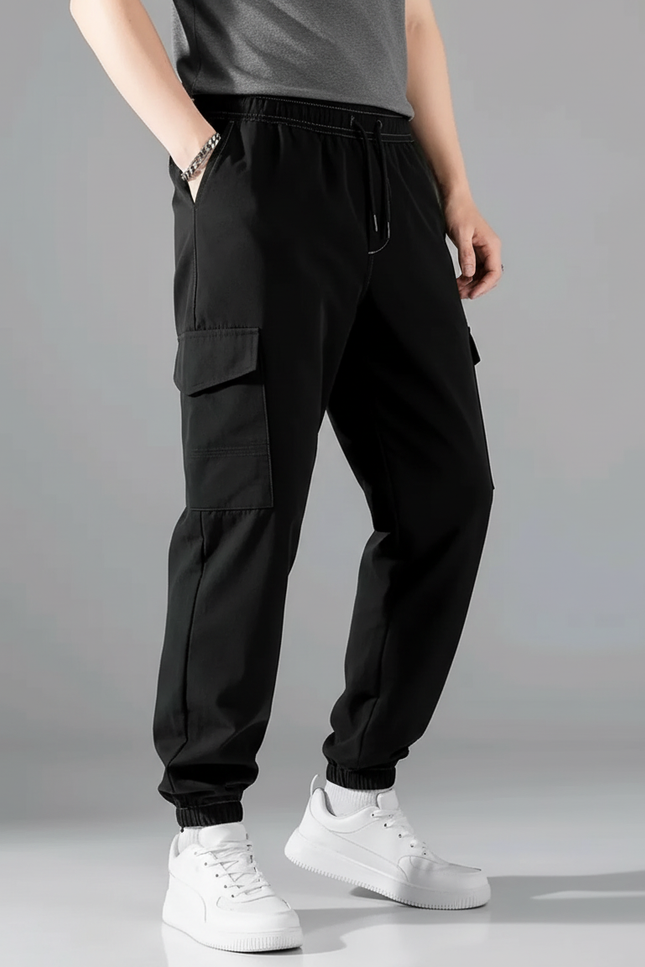 Pantalon Cargo Noir Décontracté Cordon Multipoches Homme - Polyester