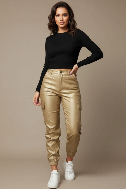 Pantalon Cargo Doré Similicuir Femme Taille Haute - Simili cuir