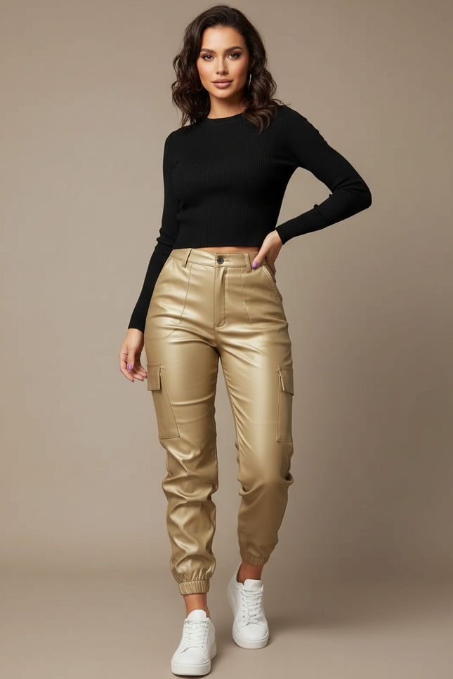 Pantalon Cargo Doré Similicuir Femme Taille Haute - Simili cuir