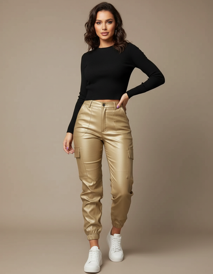 Pantalon Cargo Doré Similicuir Femme Taille Haute - Simili cuir