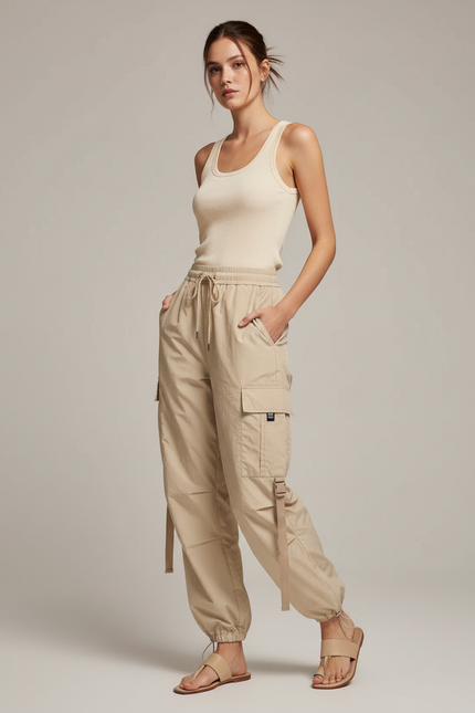 Pantalon Cargo Beige Fluide Multipoches Femme Décontracté - Polyester