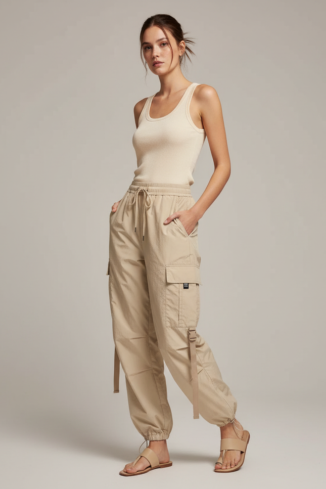 Pantalon Cargo Beige Fluide Multipoches Femme Décontracté - Polyester