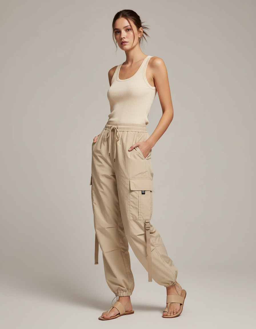 Pantalon Cargo Beige Fluide Multipoches Femme Décontracté - Polyester