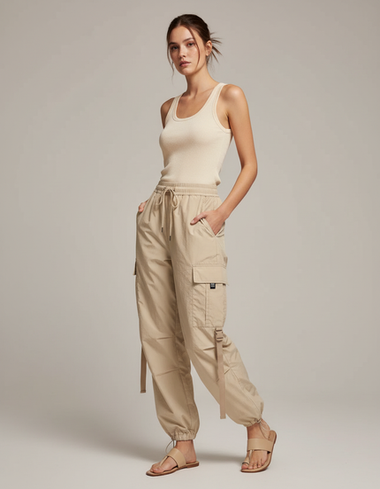Pantalon Cargo Beige Fluide Multipoches Femme Décontracté - Polyester
