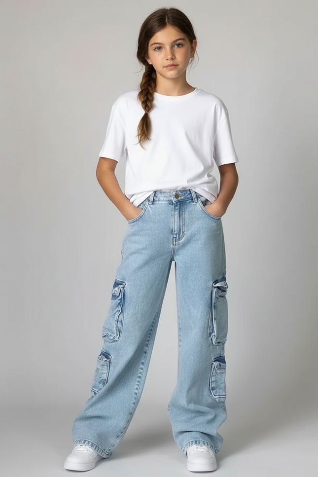 Pantalon Cargo Jean Ample Multipoches Décontracté - Bleu