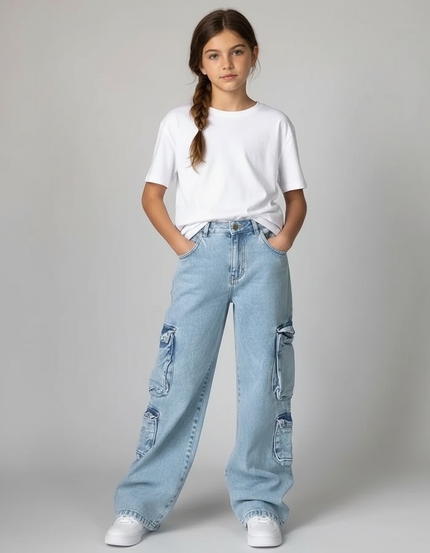 Pantalon Cargo Jean Ample Multipoches Décontracté - Bleu