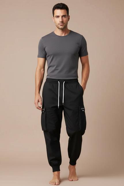 Pantalon Cargo Noir Décontracté Cordon Serrage Homme - Polyester