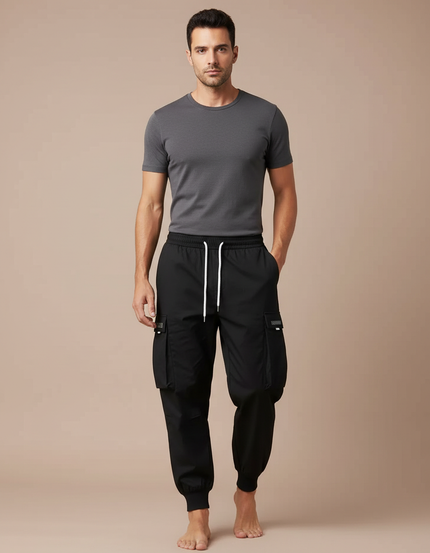 Pantalon Cargo Noir Décontracté Cordon Serrage Homme - Polyester